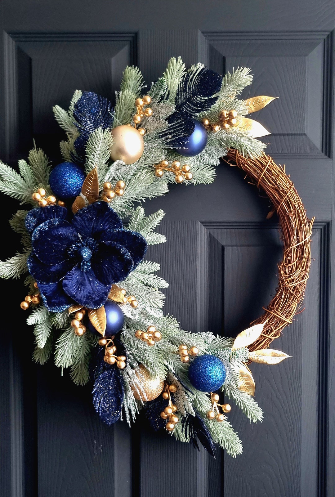 Luxury Navy Blue and Gold Christmas Artificial Floral Front Door Wreath ...