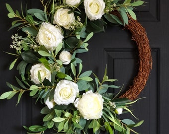 Luxury artificial white rose and peony front door wreath