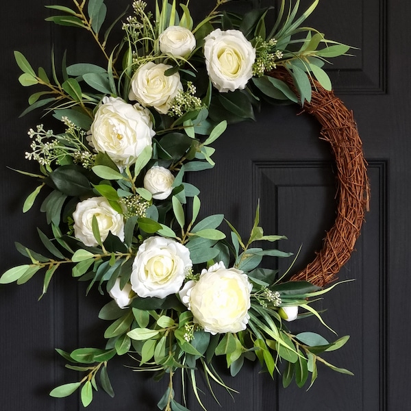 Luxury artificial white rose and peony front door wreath
