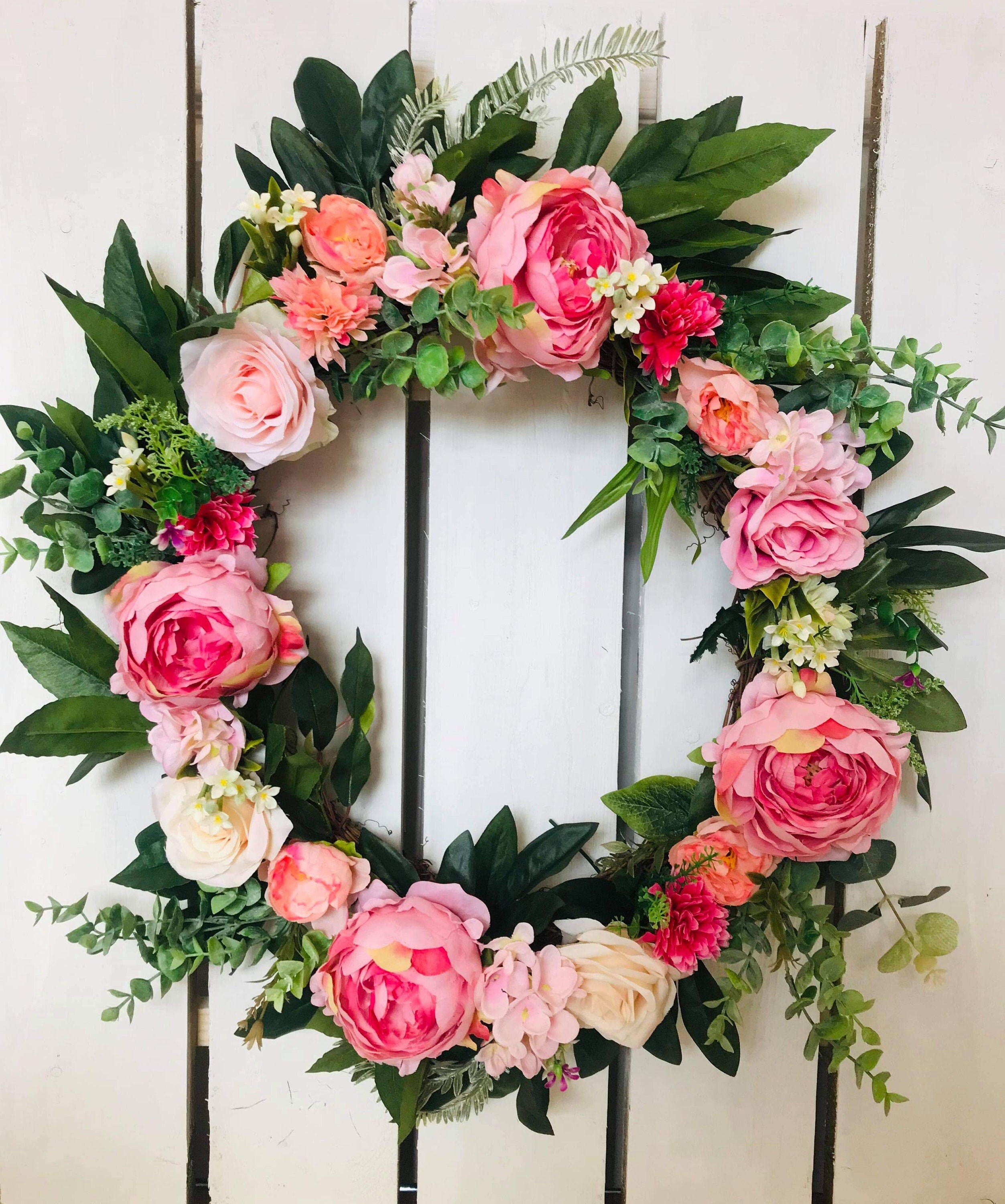 Beautiful Silk Flowers Pink/Peach front door Wreath Etsy