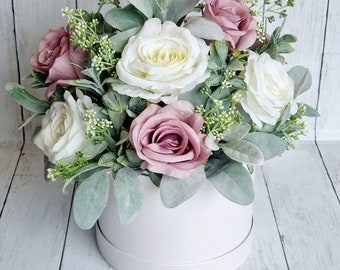 Luxury real touch white and mauve rose with lambs ear artificial hat box/floral arrangement