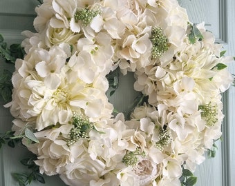 Beautiful white rose, peony and hydrangea front door wreath