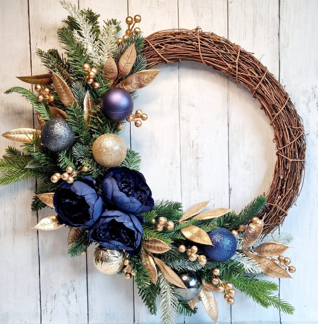 Luxury Navy Blue and Gold Christmas Front Door Wreath - Etsy