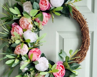 Luxury artificial white and pink peony front door wreath