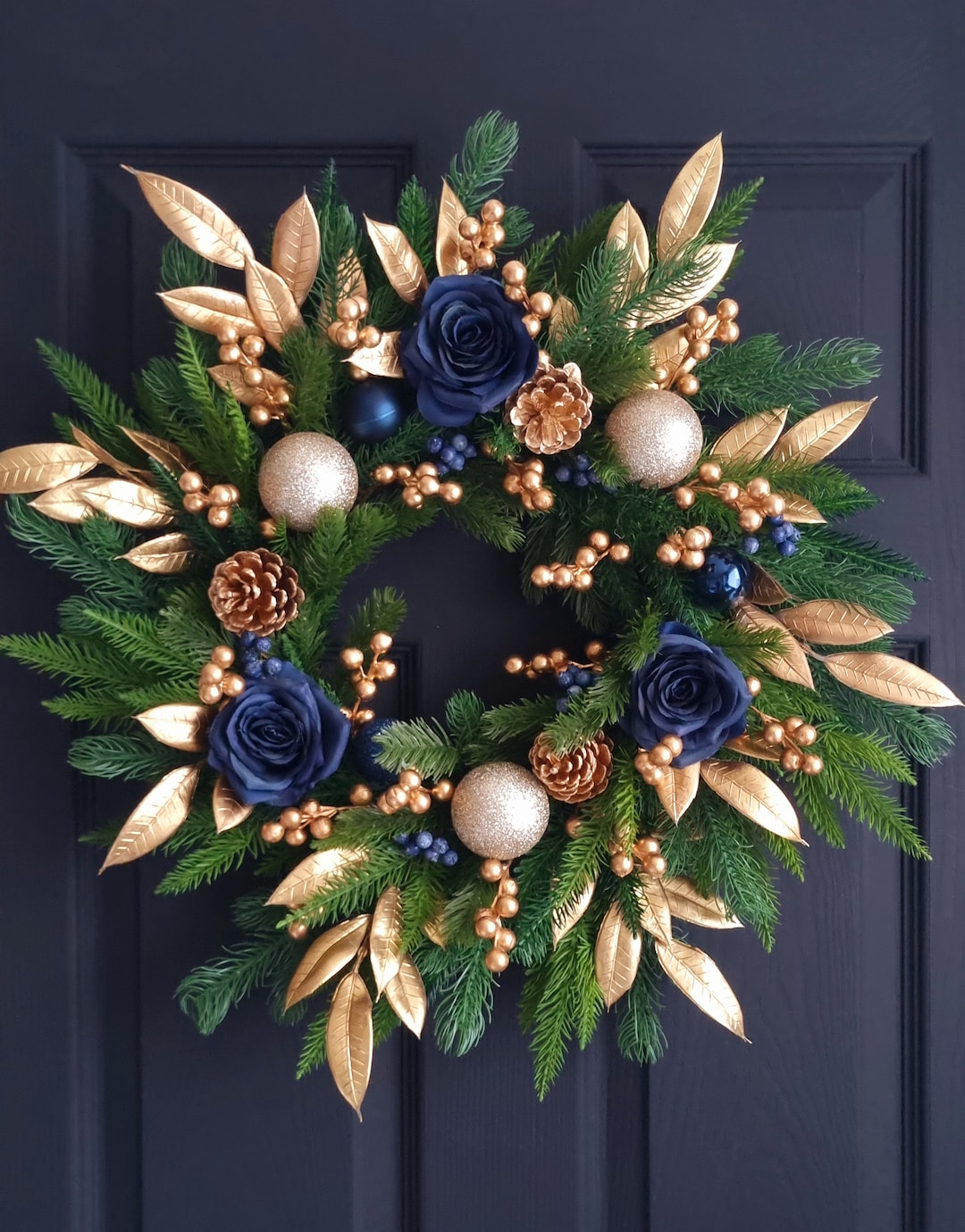 Luxury Navy Blue and Gold Christmas Front Door Wreath - Etsy UK