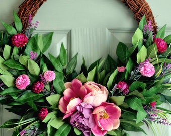 Luxury blush pink Magnolia and lilac peony front door wreath