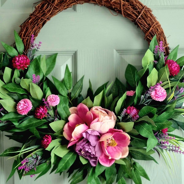 Luxury blush pink Magnolia and lilac peony front door wreath