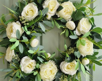 Luxury white rose and peony artificial front door spring /summer wreath.