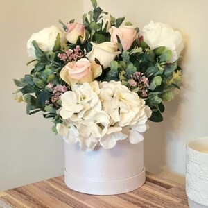 Luxury real touch rose and peony floral white Hat box arrangement