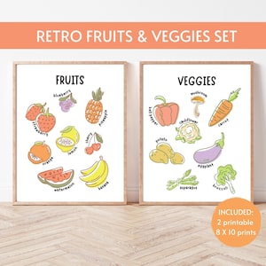 Retro Fruits and Veggies Printable Wall Art, Kids Kitchen Decor, Farmers Market Poster, Educational Food Chart, Digital Download Prints