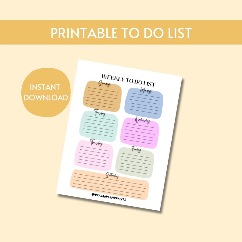 May include: A printable weekly to-do list with pastel-colored boxes for each day of the week. The design includes the text "PRINTABLE TO DO LIST" and "WEEKLY TO DO LIST". The words "INSTANT DOWNLOAD" are also visible.