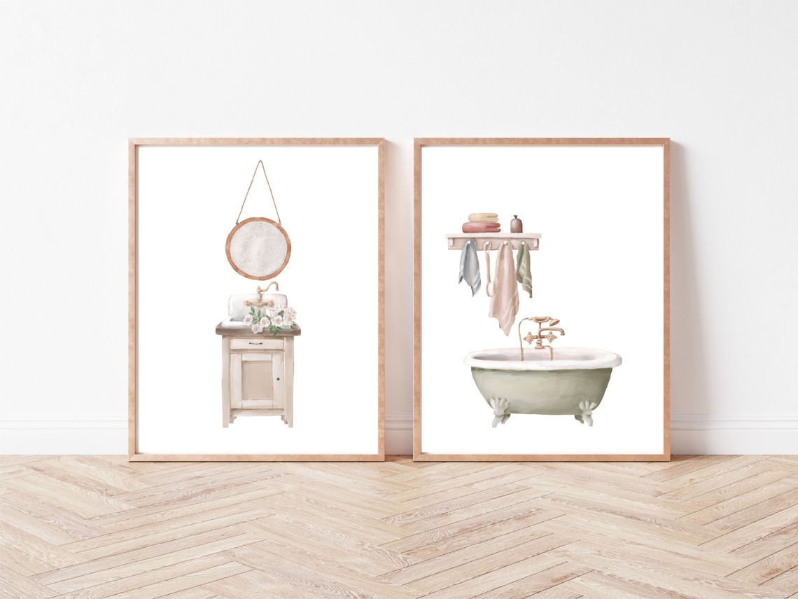 Bathroom Wall Art Set Vintage Bathroom Decor Bathroom Decor Etsy