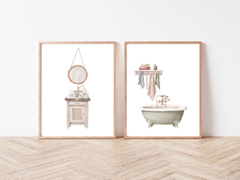 Bathroom Wall Art Set Vintage Bathroom Decor Bathroom Decor Etsy