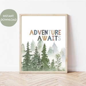 Adventure Awaits Wall Art Digital Download | Woodland Nursery Decor | Forest Theme Printable | Rustic Kids Room Art | Instant Download