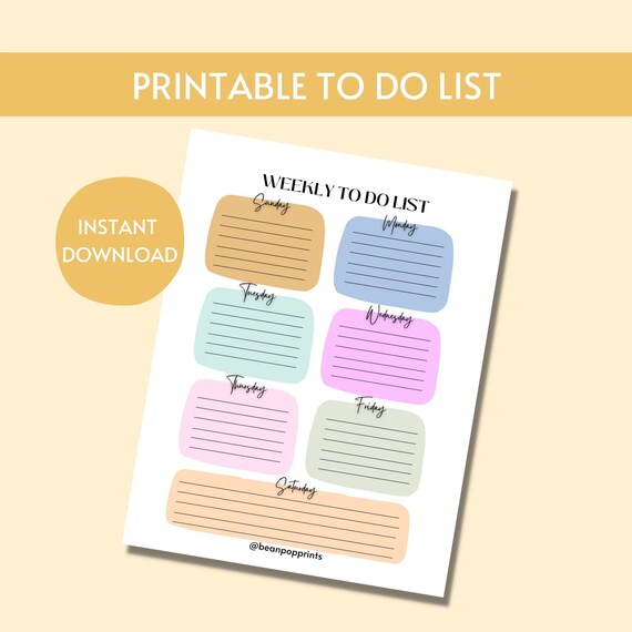 Colorful Weekly To Do List Printable, Digital Task Planner, Aesthetic Weekly Organizer, Instant Download Productivity Sheet, PDF Planner