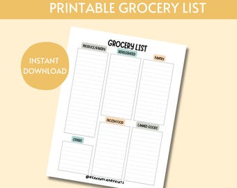 Minimal Grocery List Printable | Lined Sections Instant Digital Download