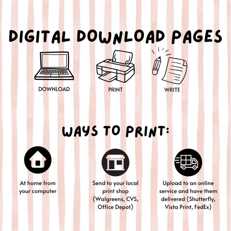 May include: Digital download pages graphic with instructions. Includes icons for download, print, and write. Ways to print: at home, local print shop (Walgreens, CVS, Office Depot), or online service (Shutterfly, Vista Print, FedEx).