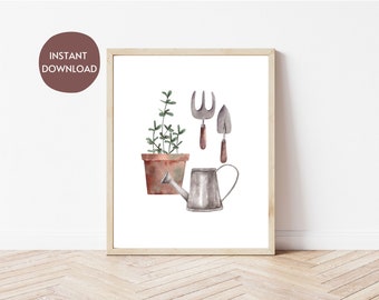 Watercolor Gardening Tools Print | Pot, Watering Can, Trowel (Digital Download)