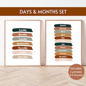 Boho Days of the Week and Months Printable Set, Kids Learning Poster, Classroom Decor, Homeschool Print, Neutral Wall Art Digital Download