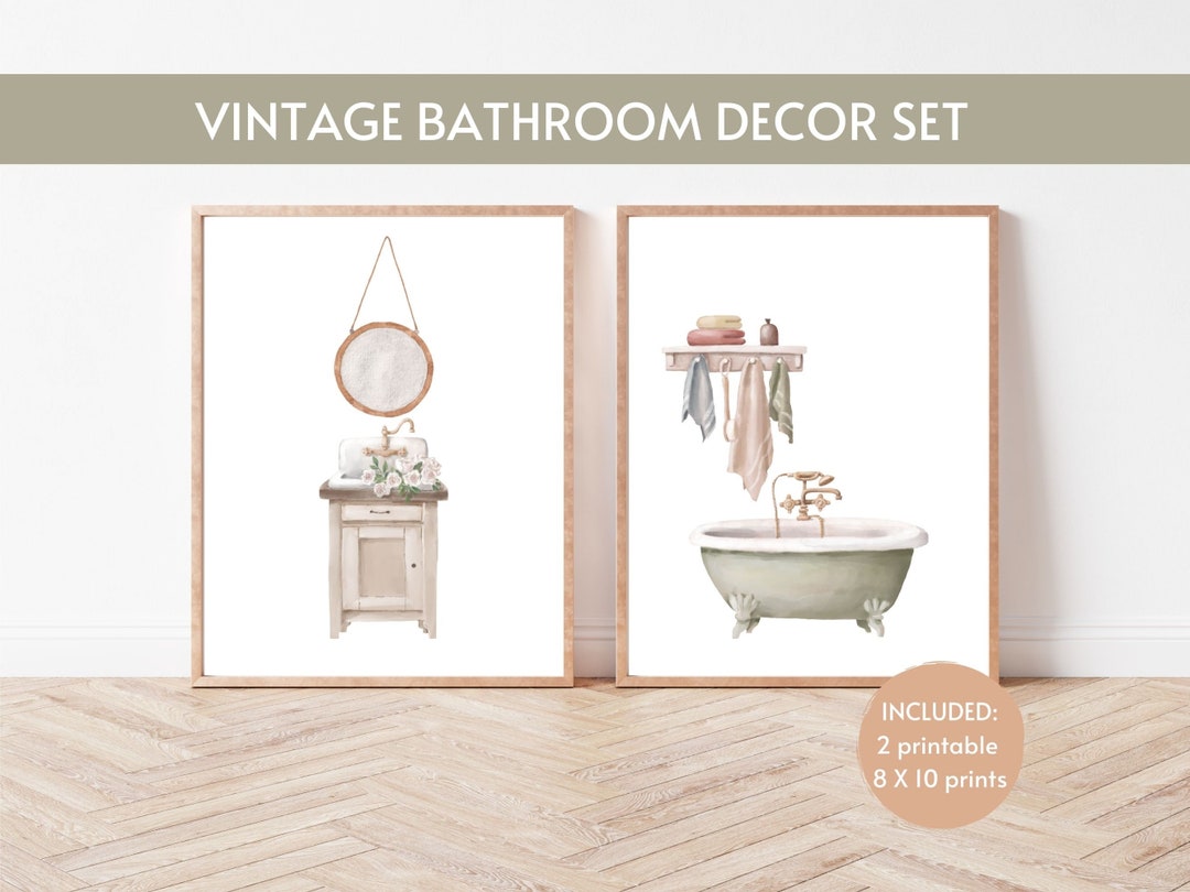 Bathroom Wall Art Set, Vintage Bathroom Decor, Bathroom Decor, Bathroom ...