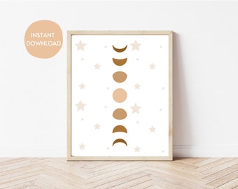 Moon Phases Printable Wall Art | Celestial Nursery Decor | Instant Digital Download | Star Pattern Print
