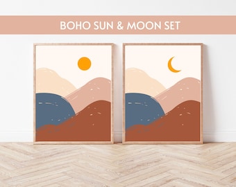 Boho Desert Landscape Moon Sun Printable Wall Art Set Digital Download