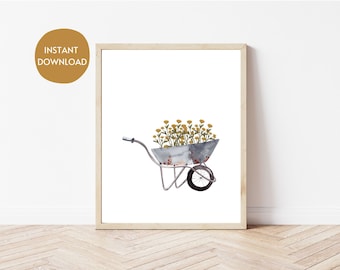 Flower Wheelbarrow Watercolor Print | Rustic Garden Nursery Decor (Digital Download)
