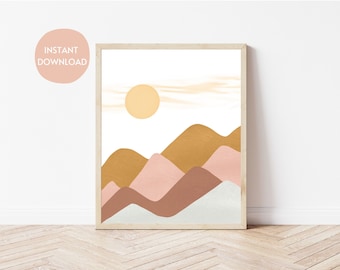 Desert Sunrise Mountains Print | Neutral Boho Landscape, Minimalist Sun (Digital Download)
