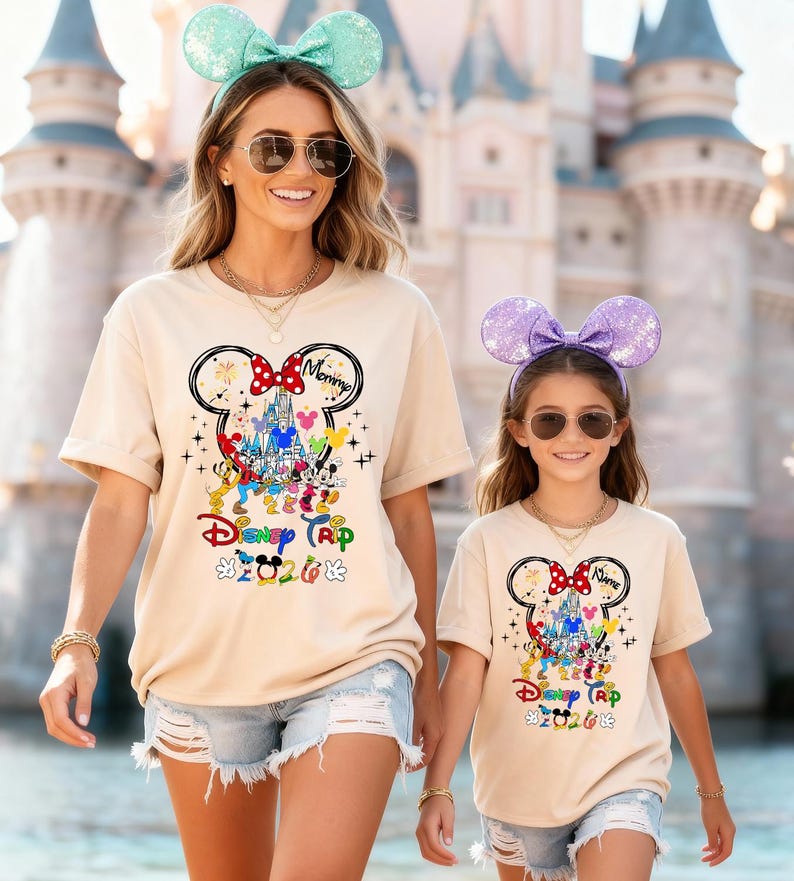 K&ouml;nnte beinhalten: Zwei beige T-Shirts mit einem Mickey Mouse-Design, das ein Schloss, Charaktere und den Text "Disney Trip 2020" zeigt. Die Shirts werden von zwei Personen getragen, die jeweils M&auml;useohren-Stirnb&auml;nder und Sonnenbrillen tragen.
