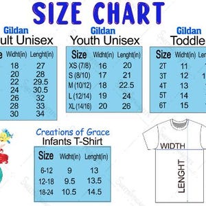 K&ouml;nnte beinhalten: Gr&ouml;&szlig;entabelle f&uuml;r Gildan Unisex-T-Shirts f&uuml;r Erwachsene, Jugendliche und Kleinkinder sowie Creations of Grace Baby-T-Shirts. Enth&auml;lt Breiten- und L&auml;ngenma&szlig;e in Zoll f&uuml;r jede Gr&ouml;&szlig;e. Mit einer Meerjungfrau und Mickey Mouse.