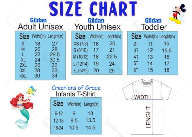 K&ouml;nnte beinhalten: Gr&ouml;&szlig;entabelle f&uuml;r Gildan Unisex-T-Shirts f&uuml;r Erwachsene, Jugendliche und Kleinkinder sowie Creations of Grace Baby-T-Shirts. Enth&auml;lt Breiten- und L&auml;ngenma&szlig;e in Zoll f&uuml;r jede Gr&ouml;&szlig;e. Mit einer Meerjungfrau und Mickey Mouse.