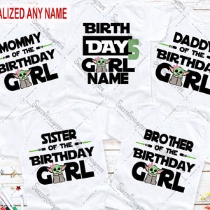 May include: Five white t-shirts with black text and a green character graphic. The shirts say "Mommy of the Birthday Girl", "Birthday Girl Name", "Daddy of the Birthday Girl", "Sister of the Birthday Girl", and "Brother of the Birthday Girl".