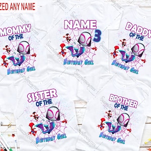 スパイダーマンの誕生日の女の子のシャツ、パーソナライズされたスパイダーマンの誕生日のマッチングシャツ、誕生日の女の子のTシャツ、スパイダーマンの女の子のテーマの誕生日のTシャツ