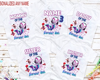 Spidey verjaardag meisje shirt, gepersonaliseerde Spidey verjaardag bijpassende shirts, feestvarken T-shirt, Spidey meisje thema verjaardag T-shirts