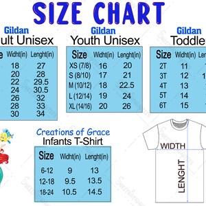 May include: Size chart for Gildan adult, youth, and toddler unisex t-shirts. The chart shows the width and length in inches for each size. The chart also includes a size chart for infants t-shirts, showing the width and length in inches for sizes 6-12, 12-18, and 18-24.