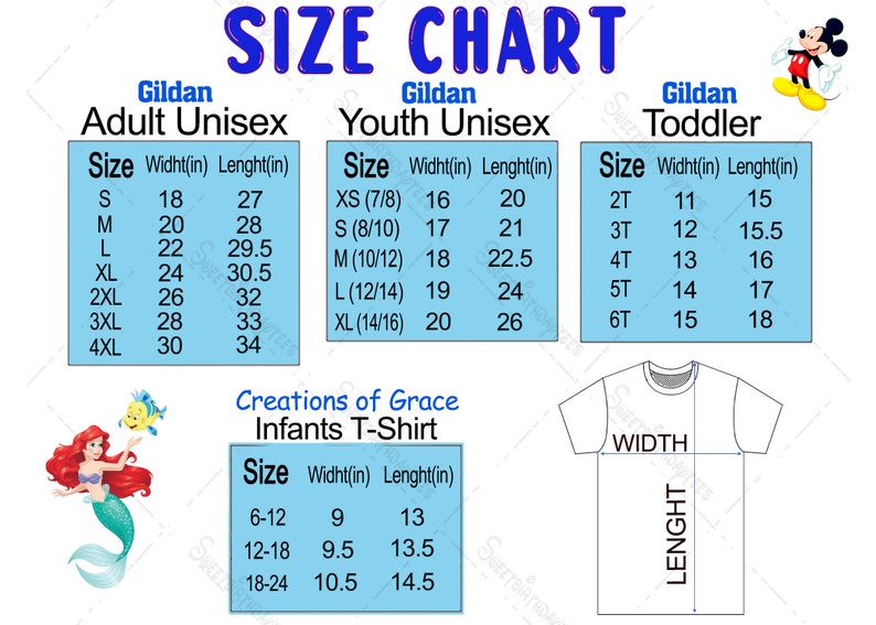 May include: Size chart for Gildan adult, youth, and toddler unisex t-shirts. The chart shows the width and length in inches for each size. The chart also includes a size chart for infants t-shirts, showing the width and length in inches for sizes 6-12, 12-18, and 18-24.