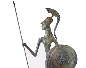 Bronze hand made greek statue of Athena with shield and spear museum copy