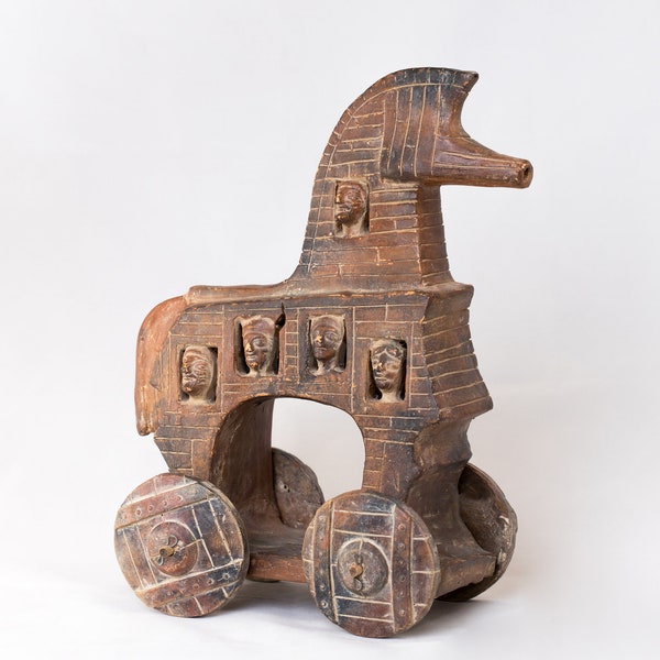 greek ceramic wheeling Trojan Horse hand made