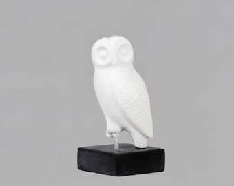 Owl of Athena greek marble sculpture   on marble base handmade carved greek godess symbol of wisdom