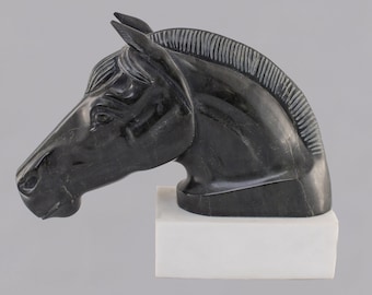 black marble HORSE HEAD on marble base hand carved