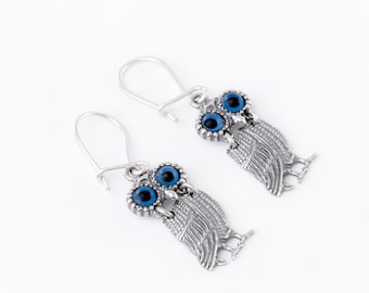 greek Sterling Silver 925 handmade pair of earrings Owl of Athena with blue eyes