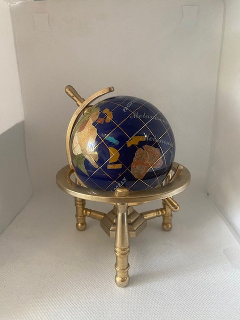 Hand made globe made of Lapis Lazuli and other semi precious stones with Gold Plated Brass tripod Stand 14 cm height and 8cm diameter. image 3