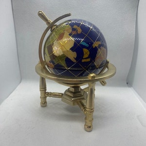 Hand made globe made of Lapis Lazuli and other semi precious stones with Gold Plated Brass tripod Stand 14 cm height and 8cm diameter. image 6