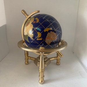Hand made globe made of Lapis Lazuli and other semi precious stones with Gold Plated Brass tripod Stand 14 cm height and 8cm diameter. image 4