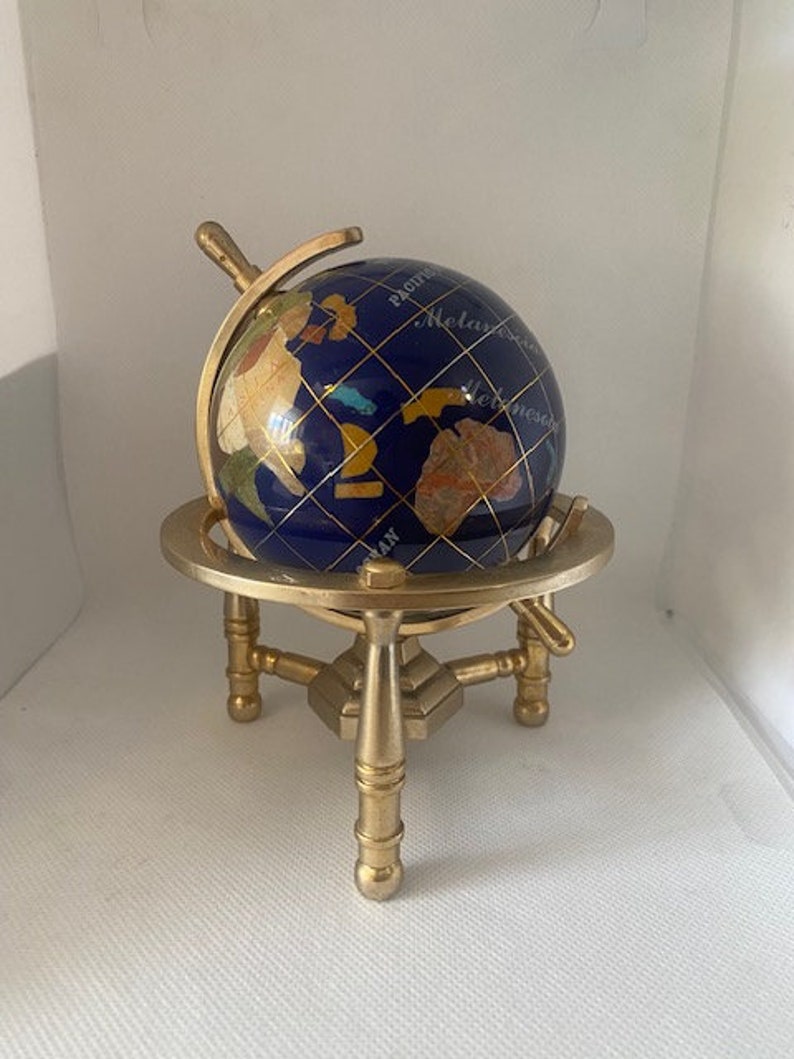 Hand made globe made of Lapis Lazuli and other semi precious stones with Gold Plated Brass tripod Stand 14 cm height and 8cm diameter. image 4