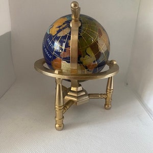 Hand made globe made of Lapis Lazuli and other semi precious stones with Gold Plated Brass tripod Stand 14 cm height and 8cm diameter. image 5