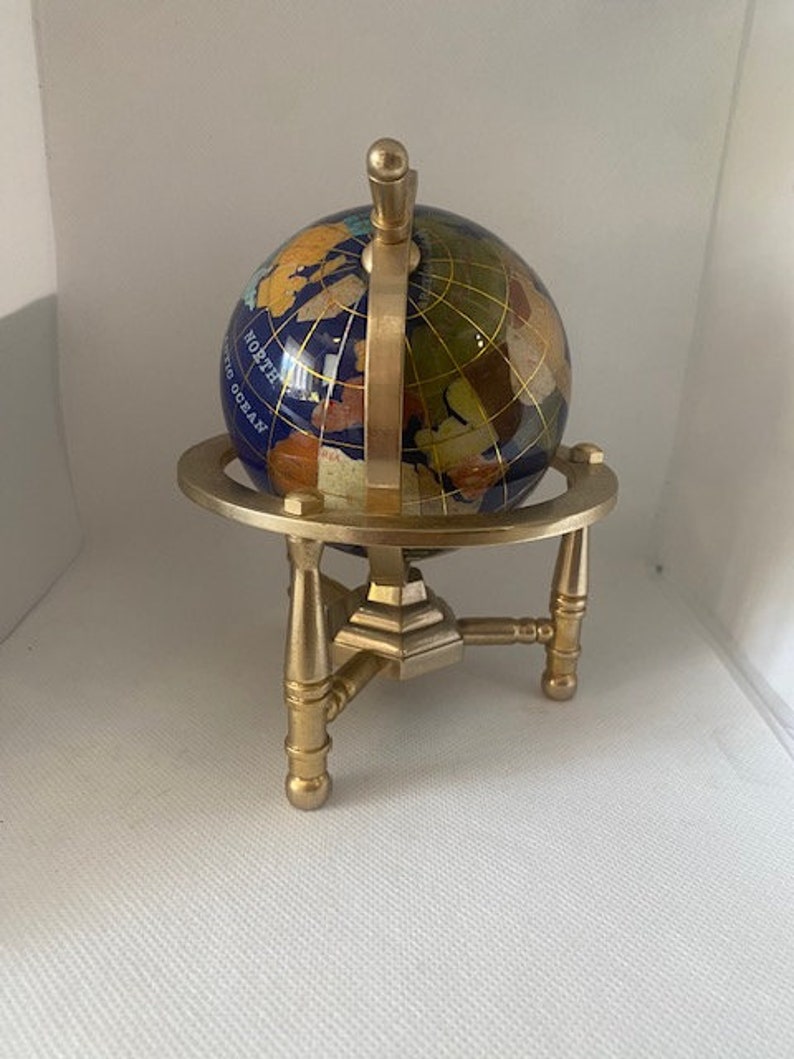 Hand made globe made of Lapis Lazuli and other semi precious stones with Gold Plated Brass tripod Stand 14 cm height and 8cm diameter. image 5