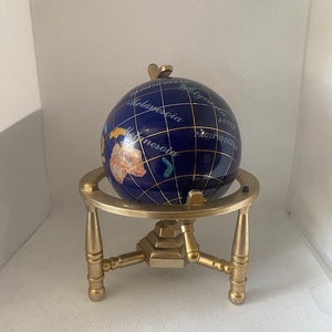 Hand made globe made of Lapis Lazuli and other semi precious stones with Gold Plated Brass tripod Stand 14 cm height and 8cm diameter. image 2