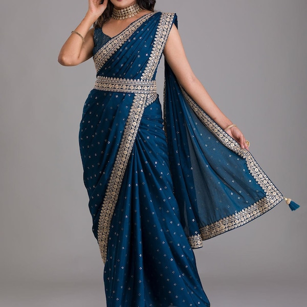 Moderner Bollywood Saree aus Seide mit Designer Gürtel