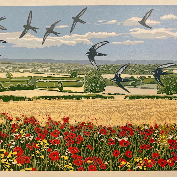 Handmade Limited Edition Lino Print - Summer Swifts